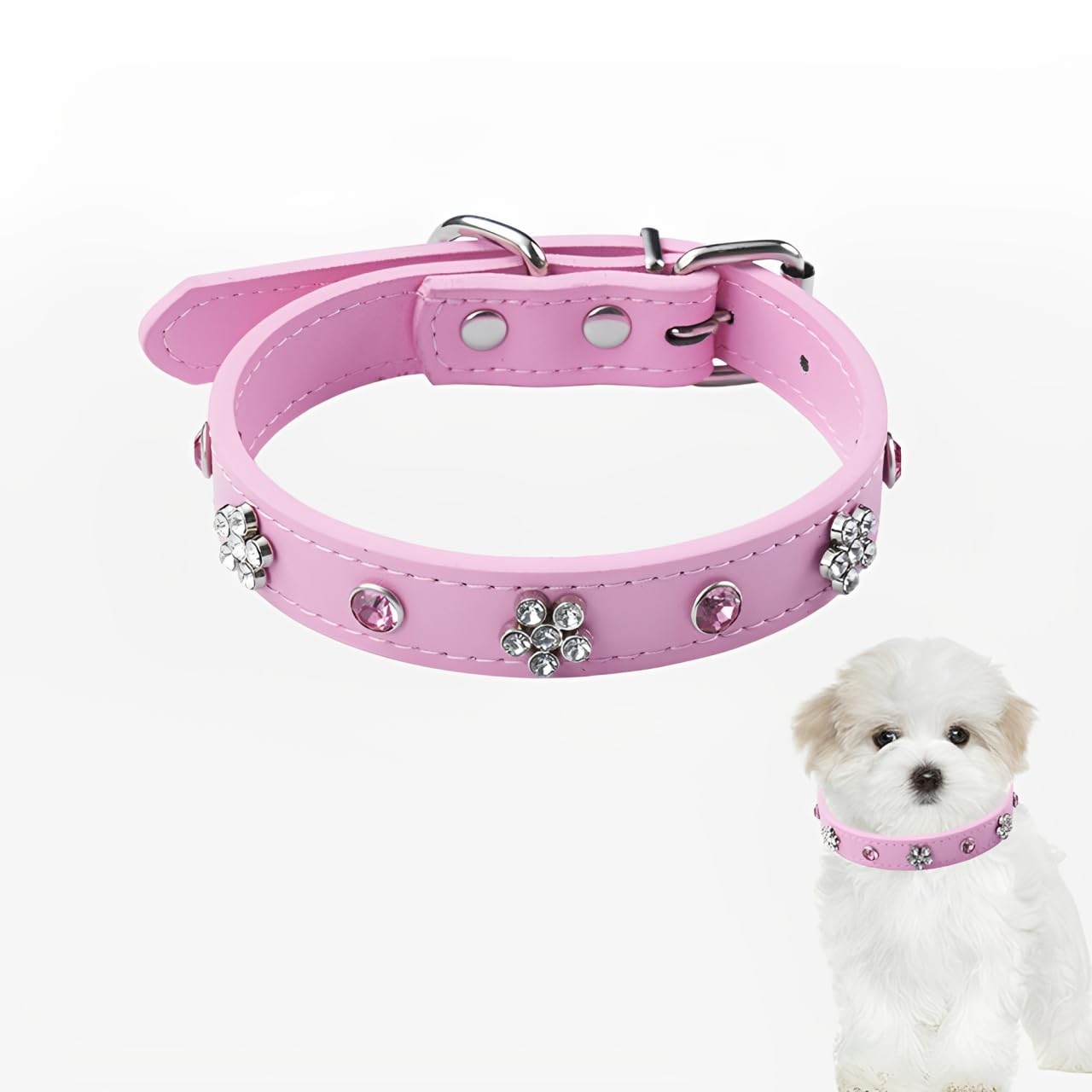 Collar de perro pequeño de cristal brillante, collar de cachorro rosa, bonito collar para mascotas con anillo en D y colgante pequeño, collar de perro ajustable con clip de metal para niñas.