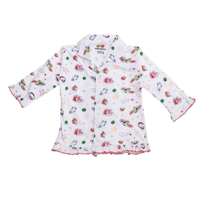 Image of superminis Hosiery Cotton Night Suit with Frill - Full Sleeves, Collared Neck, Sleep Wear for Girls, Kids