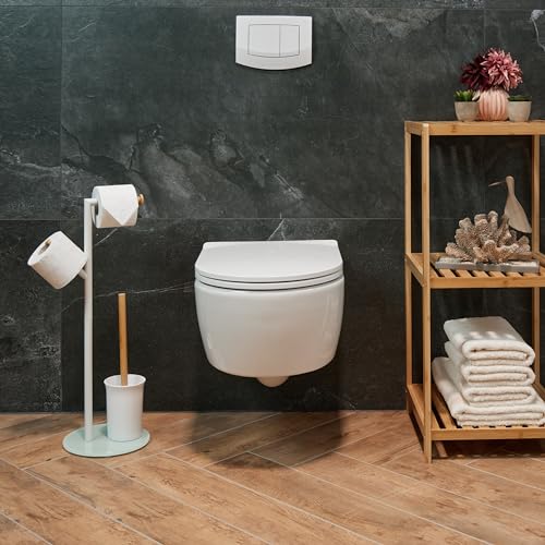 Image of Relaxdays WC Set, HxWxD: 64 x 27 x 22 cm, Free-Standing Roll & Brush Holder, Replacement Heads, Stainless Steel, White
