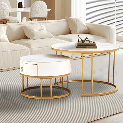 YOOBECH Round Nesting Coffee Table Set of 2, Modern Side End Tables with Sintered Stone Top Metal...
