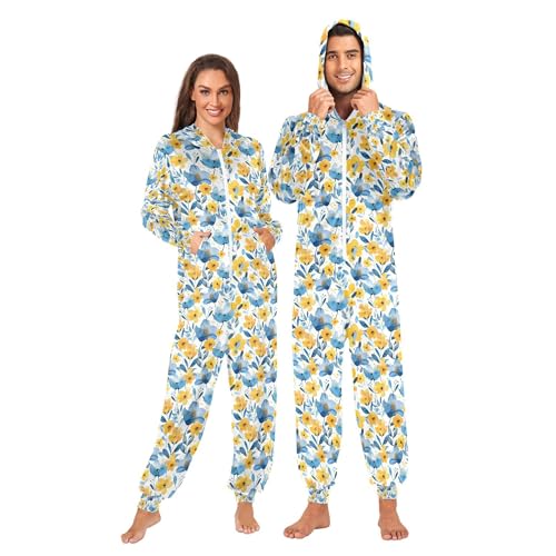Wudan Pijama de una sola pieza para adultos con capucha, diseño de flores azules y amarillas, Acuarela primavera azul amarillo flores, XL