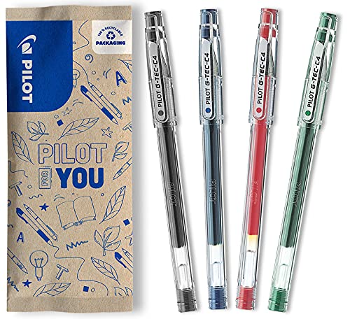 PILOT Caja de 4 G-Tec C4 - Bolígrafos Roller de Tinta de Gel - Negro, Azul, Rojo, Verde - Punta Ultra Fina para Trabajos de Alta Precisión (trazo de 0,2 mm)
