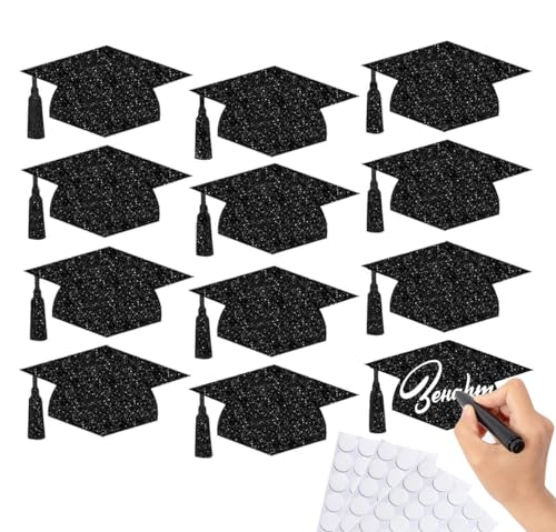 50Pcs Glitter Grad Caps Cutouts with 150Pcs Glue Points, Black Graduation Cap Cut Table Decorations for College Graduation Party Supplies