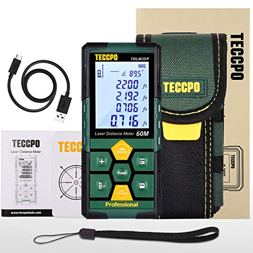 Laser Measure Rechargeable, Teccpo Laser Distance Meter 196Ft, 99 Sets Data Storage, Electronic Angle Sensor, 2.25' Lcd Backlit, Mute Function, Measure Distance, Area, Volume, Pythagoras - Tdlm10P #TOP6