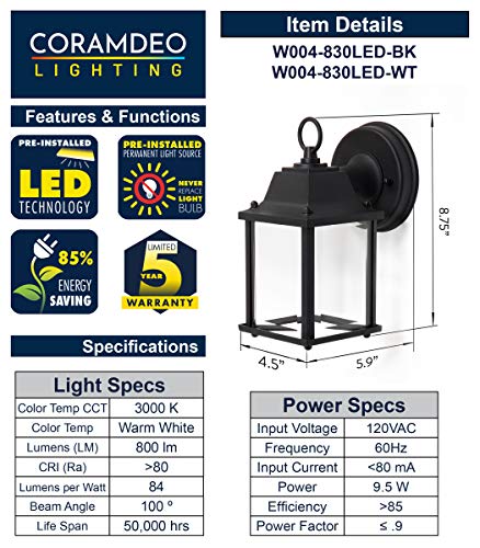 Coramdeo Outdoor 2 Pack Led Wall Sconce Light For Porch, Patio, Barn And More, Wet Location, Built In Led Gives 75W Of Light, 800 Lumens, 3K, Durable Cast Aluminum With Black Finish & Beveled Glass #TOP6