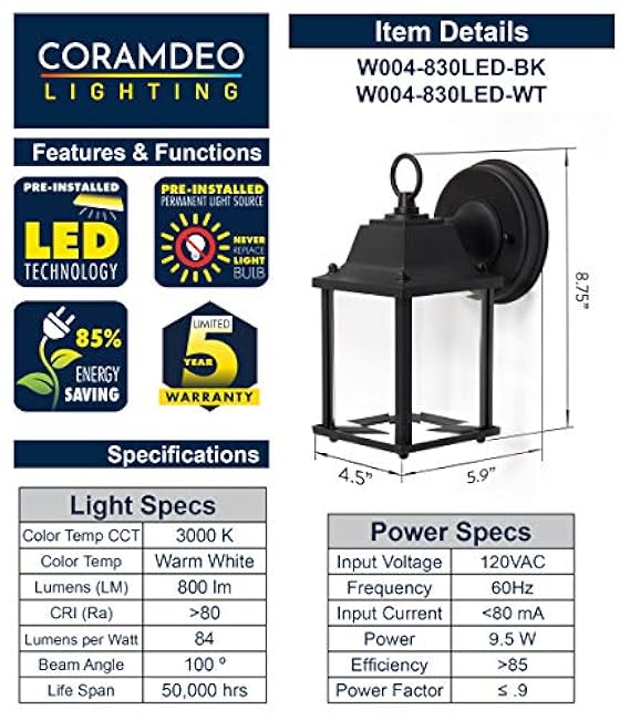 CORAMDEO Outdoor Porch Light Matte White Sconce 9.5W