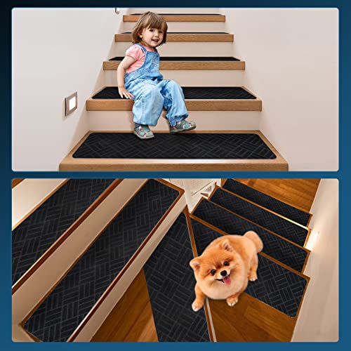 Shikha Non-Slip Stair Treads For Wooden Steps,15Pcs Indoor Stair Tread Carpet With Reusable Adhesive,Stair Tread Mats For Kids Elders And Pets,8"X30",Black Strip #TOP6