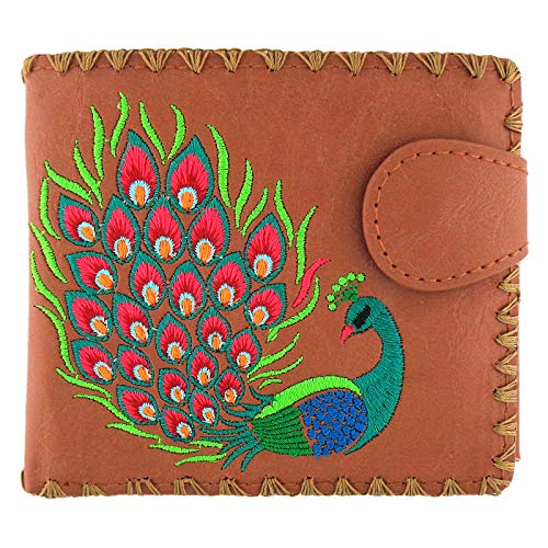 Divine Peacock Peacock Feather Embroidery Vegan Medium Bi-fold Wallet (Brown)