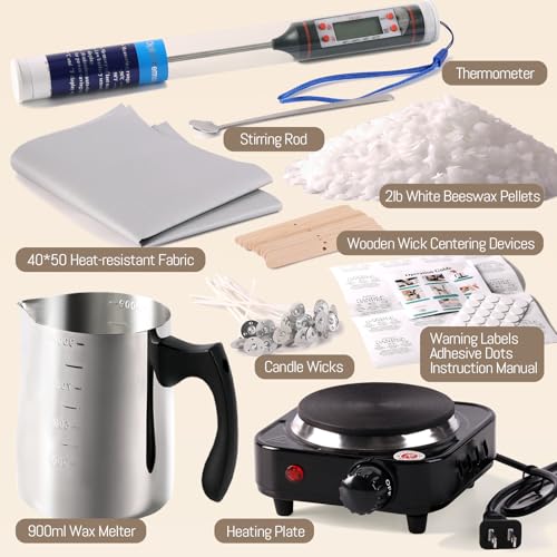 simeitol 2lb White Beeswax Candle Making Kit for Adults, Complete Gift Set with Melting Pot, DIY Starter Candle Making Supplies for Home Decor/Gift Crafting/Holiday Party - Thumbnail 2