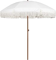 AMMSUN 7ft Fringe Patio Umbrella with Tassels UPF50+ Steel Pole Push Button Tilt Cream White Outdoor Shade