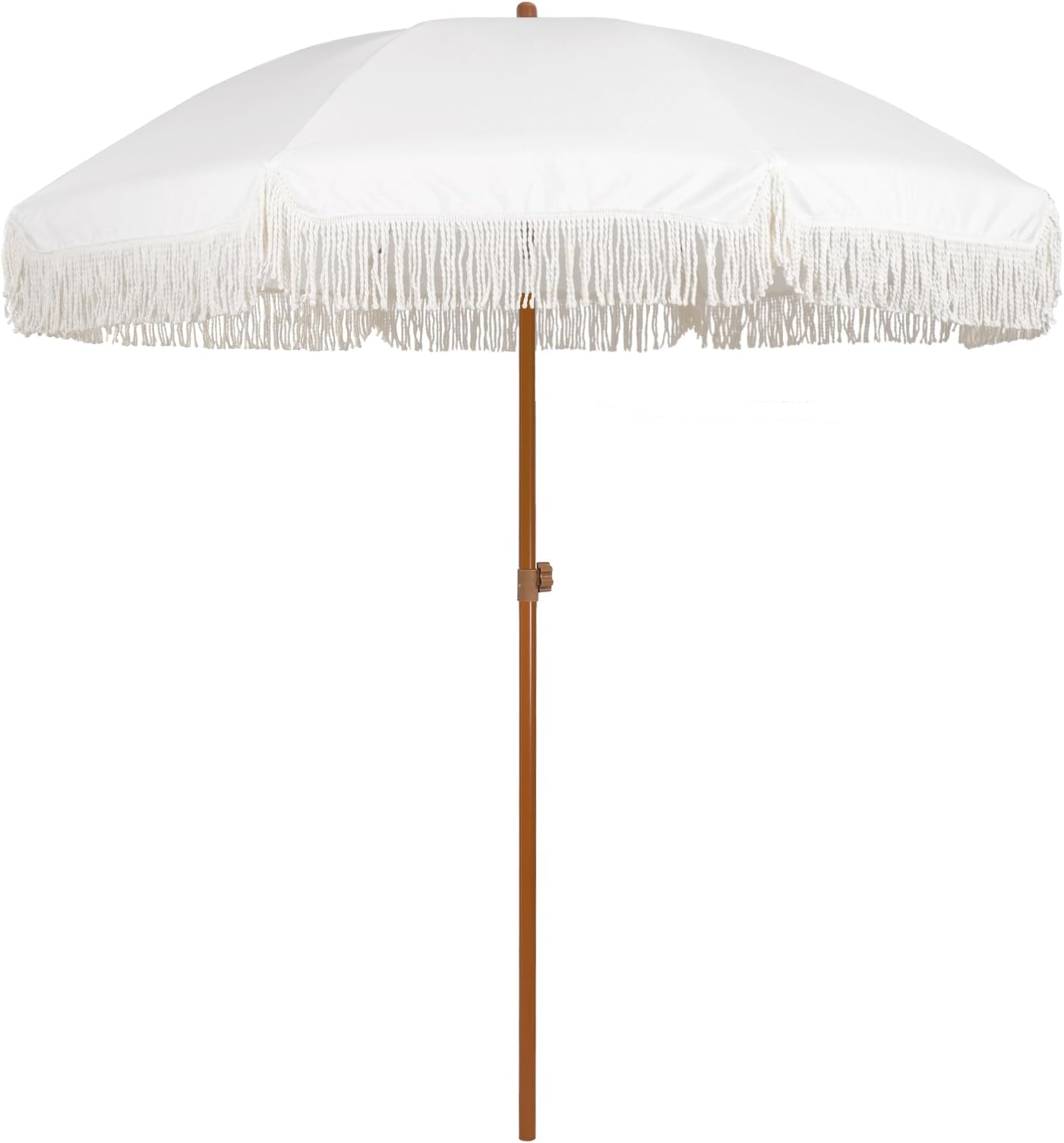 AMMSUN 7ft Patio Umbrella with Fringe Outdoor Tassel Umbrella UPF50+ Wood Color Steel Pole and Steel Ribs Push Button Tilt