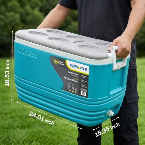 Image of Pinnacle Eskimo 57L Large Chiller Ice Box| Fits 80 cans| Holds Ice Upto 100 hrs| Insulated Portable Cooler IceBox with Two-Way Open Lid, Drain Tap, Drink Holder| Perfect for Car Travel,Sport (Hydra)