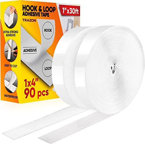 Image of Hook and Loop Tape Roll with Heavy Duty Adhesive Industrial Strength Easy to Cut, Strong Hook and Loop Strips with Sticky Back, White, 1 Inch * 30 Feet