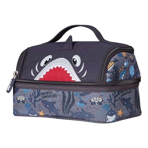 NOHOO Kids Insulated Lunch Bag Small Cute Reusable Grey Shark Food Box Bag for Boys Girls Toddler Preppy School Kindergarten Daycare Use