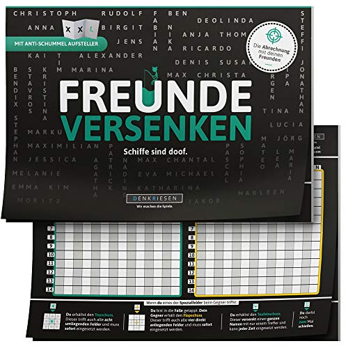 DENKRIESEN - Freunde VERSENKEN® - A5 Spielblock | Ab 8 Jahren | 2 Spieler | Familienspiel | Schiffe Versenken | Gesellschaftsspiel für Familien | Schiffe versenken für unterwegs