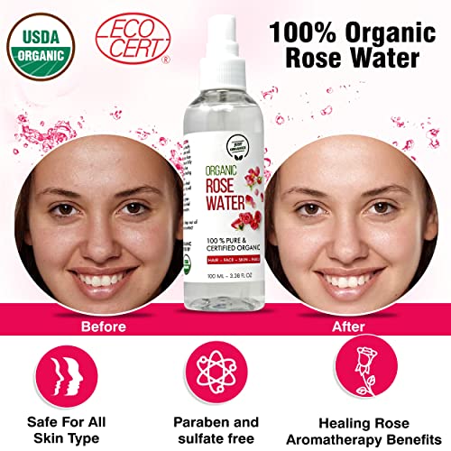 Just Organics Rose Water - Hydrosol - Certified Usda Rose Water Spray For Face, Skin, Hair, & Nails - Ecocert Certified Rosewater Face Spray - 100 Ml Organic Rose Water Toner #TOP5