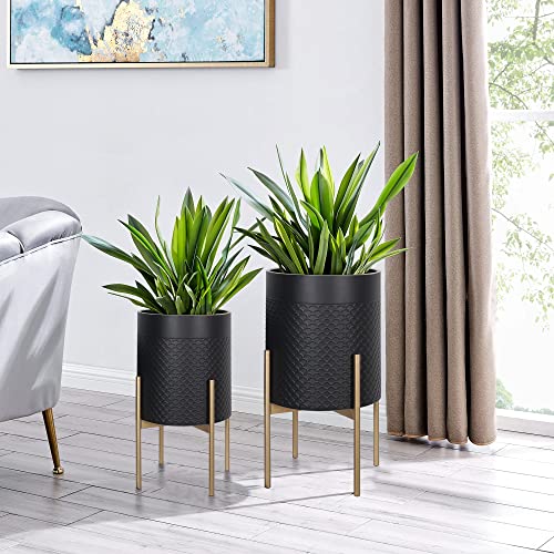 Oakrain Planters for Indoor Plants, Set of 2 Mid Century Modern Planter with Stand, Decorative Metal Planter Pots for Living Room, Office, Garden or Balcony, Black, 10&12