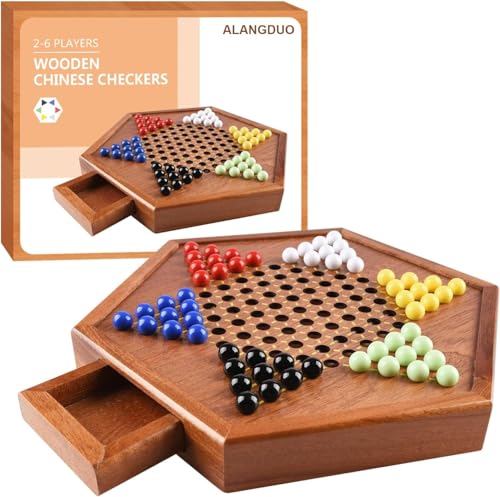 12.7 Inches Wooden Chinese Checkers with Drawers 12 Bonus Spare Marbles| Natural Wooden Board Game| Includes 60 Colorful Glass Marbles | Family Board Game for Kids and Adults