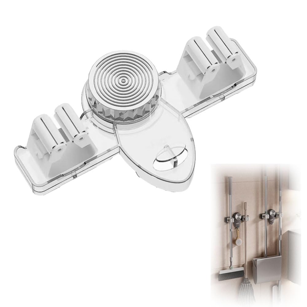 ANYSENT Broom Holder Mop Hanger, 2025 New No Drill Suction Cup Adjustable Organizer with Hooks,Space Saving Removable Wall Mount Organization Rack for Bathroom Kitchen Garage Laundry Room (2, White)