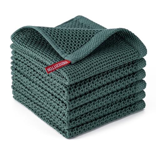 BOOMIBOO 6-Pack Kitchen Dish Cloths, 100% Cotton Waffle Weave, Ultra Soft Absorbent, Quick Drying Dish Towels, 12x12 Inches,Blackish Green