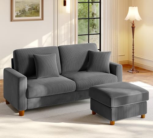 Welzona 70.2" Couches for Living Room, Comfy L Shaped Couch Grey 7.1" Thicker Cushion, Sofas for Living Room Tool-Free Setup, Loveseat with Ottoman 705lbs Support, Corduroy Couch for Bedroom, Office