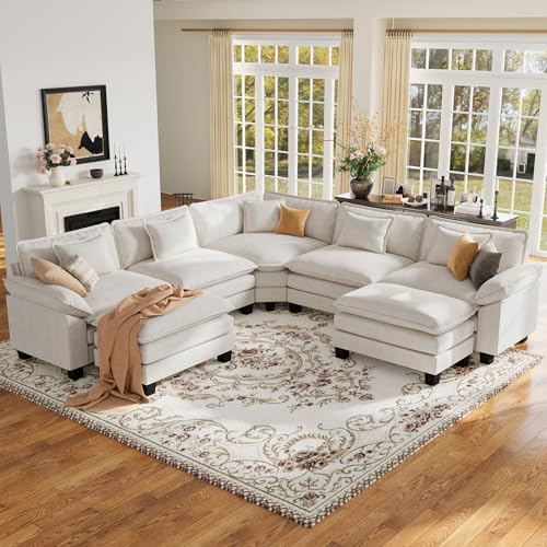 CDCASA 117" Oversized Modular Sectional Sofa with Corner, Comfy V-Shaped Cloud Couch w/ 2 Ottomans, 7-Seater Chenille Deep Seat Modern Sofa Couch for Living Room, DIY Combination, Beige