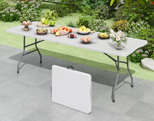 Linkriseed 8FT White Folding Table for Outdoor 8 Foot Picnic Tables No Assembly Required Portable White Foldable Table for Camping Parties Meeting Events Wedding BBQ with Carrying Handle