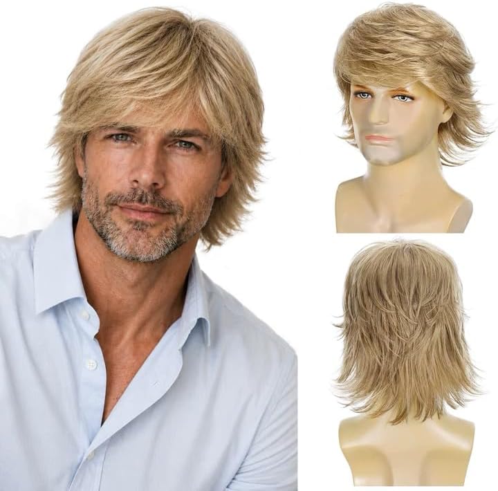 Short 70s 80s Wigs for Men Light Blonde Layered Synthetic Hair Mens Wig for Daily, Funny Halloween Cosplay Wig(Light Blonde, Adult)