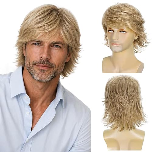 Aokiya Short 70s 80s Wigs for Men Light Blonde Layered Synthetic Hair Mens Wig for Daily, Funny Halloween Cosplay Wig(Light Blonde, Adult)