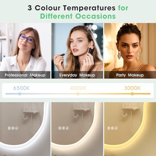 S'bagno Badspiegel-mit-Beleuchtung 600x900 mm, Badezimmerspiegel-mit-Beleuchtung und Bluetooth, Entfoggen, 3000K/4000K/6500K, Dimmbar, IP44-LED-Badspiegel mit Speicherfunktion, Horizontal/Vertikal 4