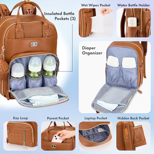 Image of Dikaslon Leather Diaper Bag Backpack with Portable Changing Pad, Pacifier Case and Stroller Straps, Large Unisex Baby Bags for Boys Girls, Multipurpose Travel Back Pack for Moms Dads, Dark Brown