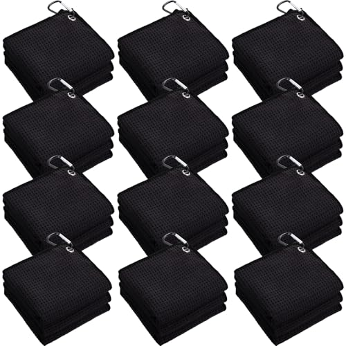 Batiyeer 12 Pcs Golf Towel Bulk for Golf Bags Microfiber Fabric Towel with Clip Waffle Pattern Fitness Camping Hiking Yoga(Black 16 x 16 Inches)