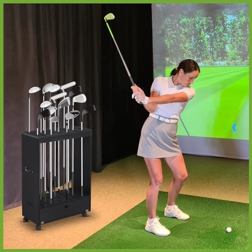 Silipull-Wooden-Golf-Club-Stand-Holder-Golf-Club-Ball-Organizer-Rack-with-Storage-Drawer-and-Wheel-for-Home-Office-Garage-Simulator-or-Indoor-Display-Areas