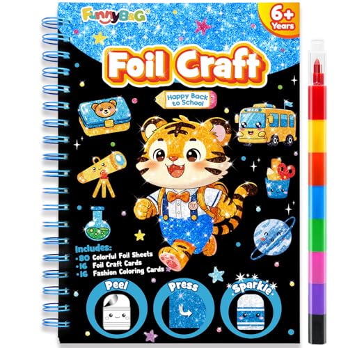 Image of FUNNYB&G Foil Art Craft Kit for Boys 4-10 Years Old: Mess-Free & No-Glue, Create 16 Happy Back to School Pictures - Perfect Travel Toy & Birthday Gift for Kids (Happy Back to School)