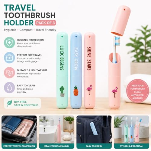 Image of Multicolor Travel Toothbrush Cover Case Set of 3 - Portable Toothbrush Head Protector with Ventilation Holes - Hygienic Toothbrush Cap for Travel & Storage