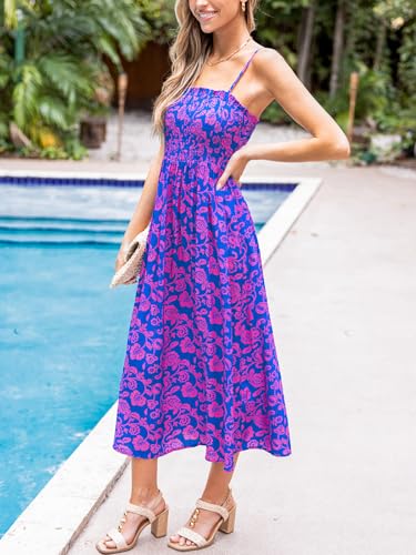 Image of CUPSHE Women Spaghetti Straps Boho Maxi Dress Summer Sleeveless Smocked Floral Beach Long Dress Flowy Cruise Vacation Outfits