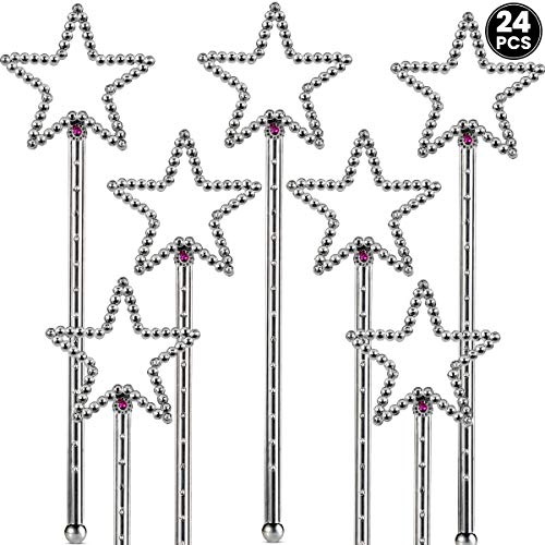 Sequin Silver Star Wand - Pack of 24 Bulk - 8 Inches Long with Rhinestones, Magic Centerpieces Cake & Cupcake Toppers for Girls Pretend Play Dress-Up, Princess Birthday Party Decoration & Favors