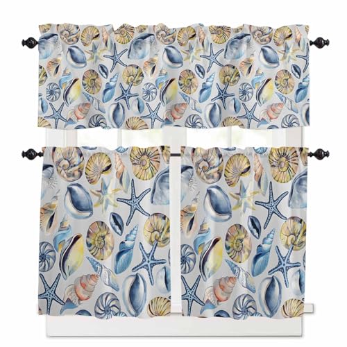 Ocean Coastal Kitchen Curtains 36 Inch Length, 3 Piece Rod Pocket Small Half Tiers and Valance Set, Summer Nautical Starfish Conch Shells Small Large Window Treatment Decor for Bedroom/Bathroom Sink