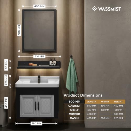 Image of WASSMIST Bathroom Vanity Washbasin Cabinet with Mirror & Shelf | Wall Mounted Wash Basin with Cabinet Full Set | Waterproof & Unbreakable (Black & Silver)