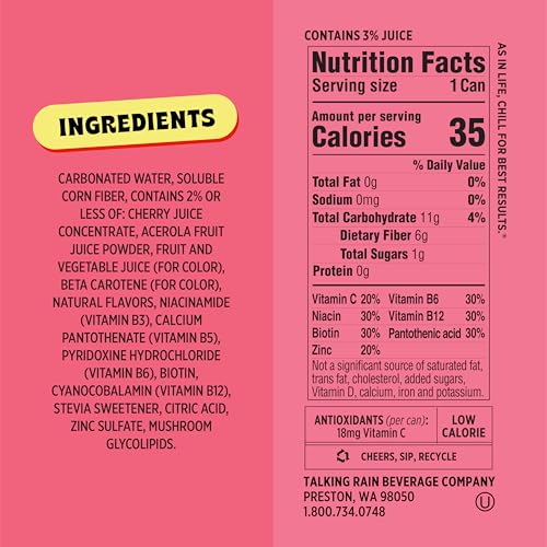 Image of Popwell Cherry Citrus Better-For-You Prebiotic Soda, with 6g Fiber, 1g Sugar, Vitamins and Immunity Support, 12 fl oz Cans (pack of 12)