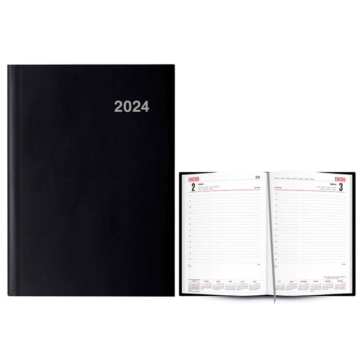 Tradineur - Agenda 2024, modelo París, día página, enero a diciembre, tapa dura y cinta marcapáginas, planificador anual de tareas, citas (Negro, 21 x 15 cm)