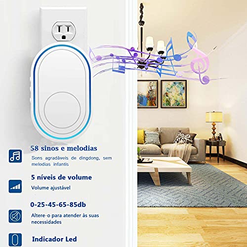Kit Campainha sem Fio, Carrilhão de Porta de Célula de Botão à Prova D'água com 58 Melodias, para C