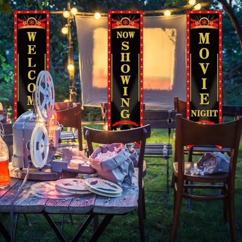 Image of Tegeme 6 Pcs Movie Night Porch Sign Banner Movie Theme Party Decorations Theater Welcome Now Showing Light Camera Action Hanging Porch Sign for Home Film Backdrop Party Supplies (Black,Classic)