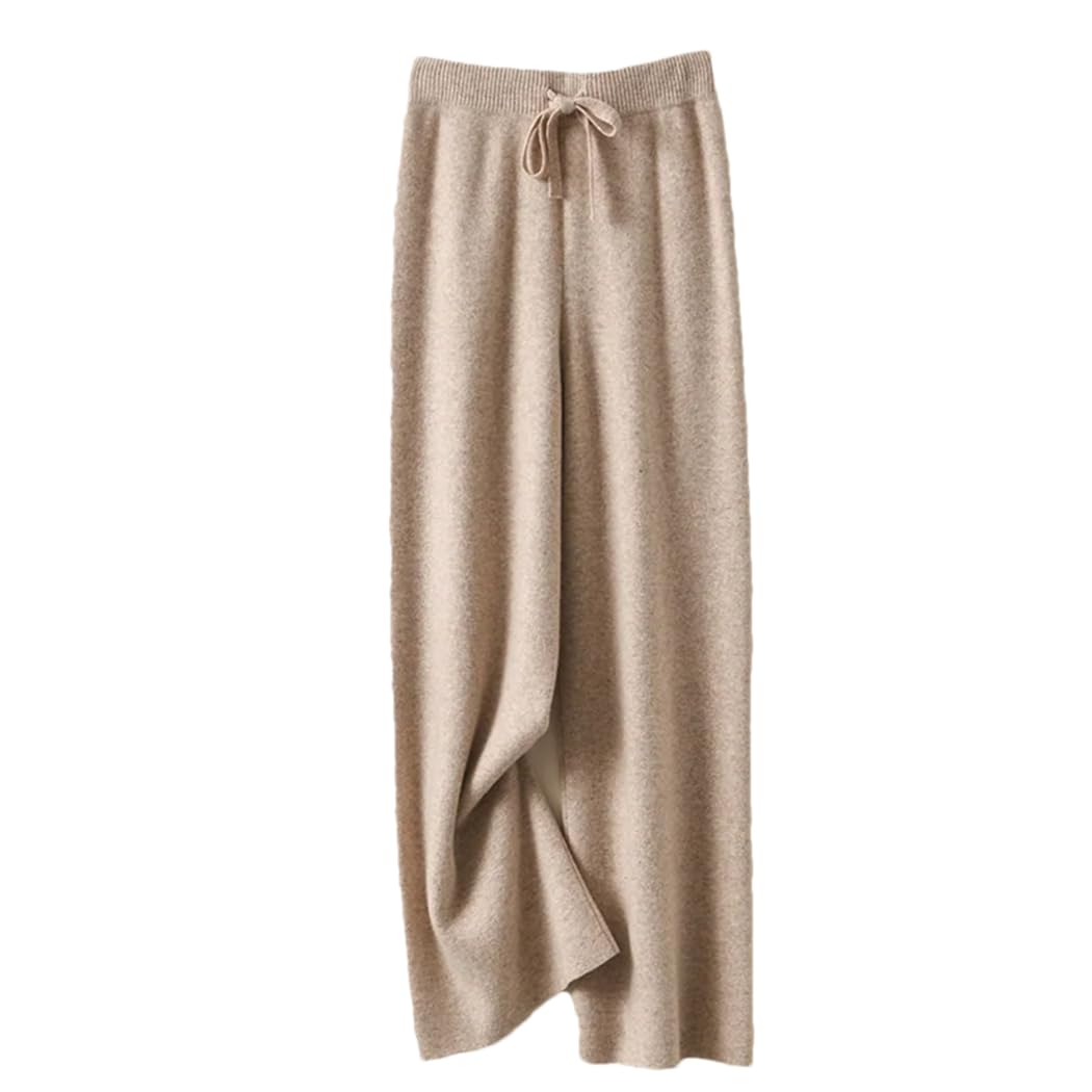 Pantalones de lana de cintura alta y pierna ancha para mujer, pantalones casuales de punto, sueltos, con cordones