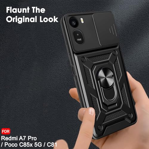 Image of TheGiftKart Tough Armor Bumper Back Cover Case for Mi Redmi A7 Pro /Poco C85x 5G / C81 | Kickstand & Ring Holder | 360 Degree Protection Back Cover Case (PC & TPU, Sliding Camera Cover, Black)