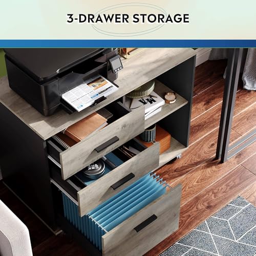 Image of DEVAISE 3 Drawer Mobile File Cabinet, Wood Lateral Filing Cabinet, Printer Stand with Open Shelves for Home Office, Greige