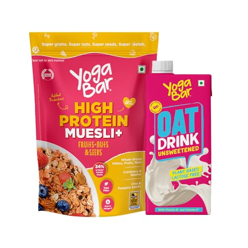 Image of Yogabar Super High Protein Muesli (Fruits & Nuts) 850g & Oat Milk 1 ltr Combo | Lactose Free | No Added Sugar |Gluten Free | No Preservatives | Source of Calcium & Vitamins | Plant Based Breakfast Combo