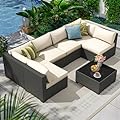 7 Piece Outdoor Patio Furniture Set, Outdoor Sectional Furniture, Rattan & Wicker Modern Modular Conversation Set Sofa Couch W/Water Resistant Washable Thick Cushions and Coffee Table, Coffee/Beige