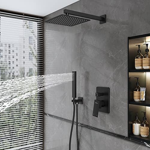 All Matel Shower System with High-Pressure 12" Rain Shower and Handheld Shower head - Modern Bathroom Shower Fixtures with Anti-Clog Nozzles - Shower Faucet Set with Shower Valve, Matte Black