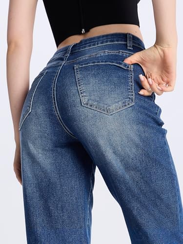 SEVEGO Women's 32'/34'/36' Tall Straight Leg Jeans Mid Waisted Stretchy Loose Denim Pants Casual Baggy Jean Trousers 36'', Blue, XXL